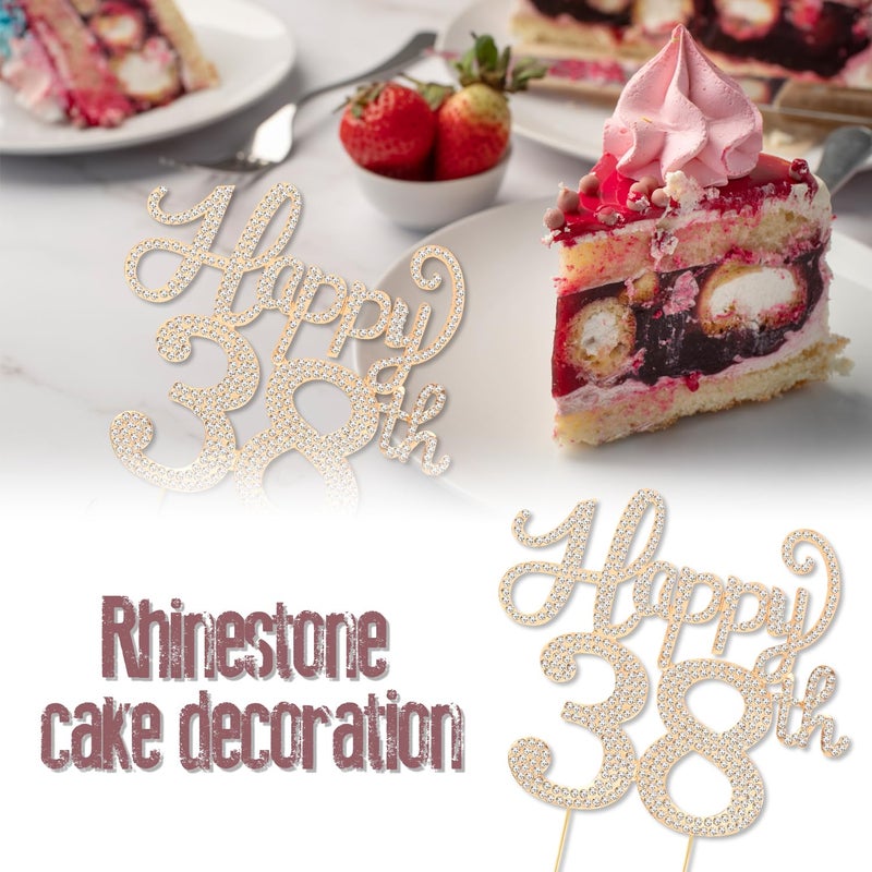 LASKYER Happy 38th Birthday Decorations,38th Birthday Gold Rhinestone Cake Topper - Cheers to 38 Years Old Bday Party Metal Sparkly Cake Centerpieces Sign. - Image 3